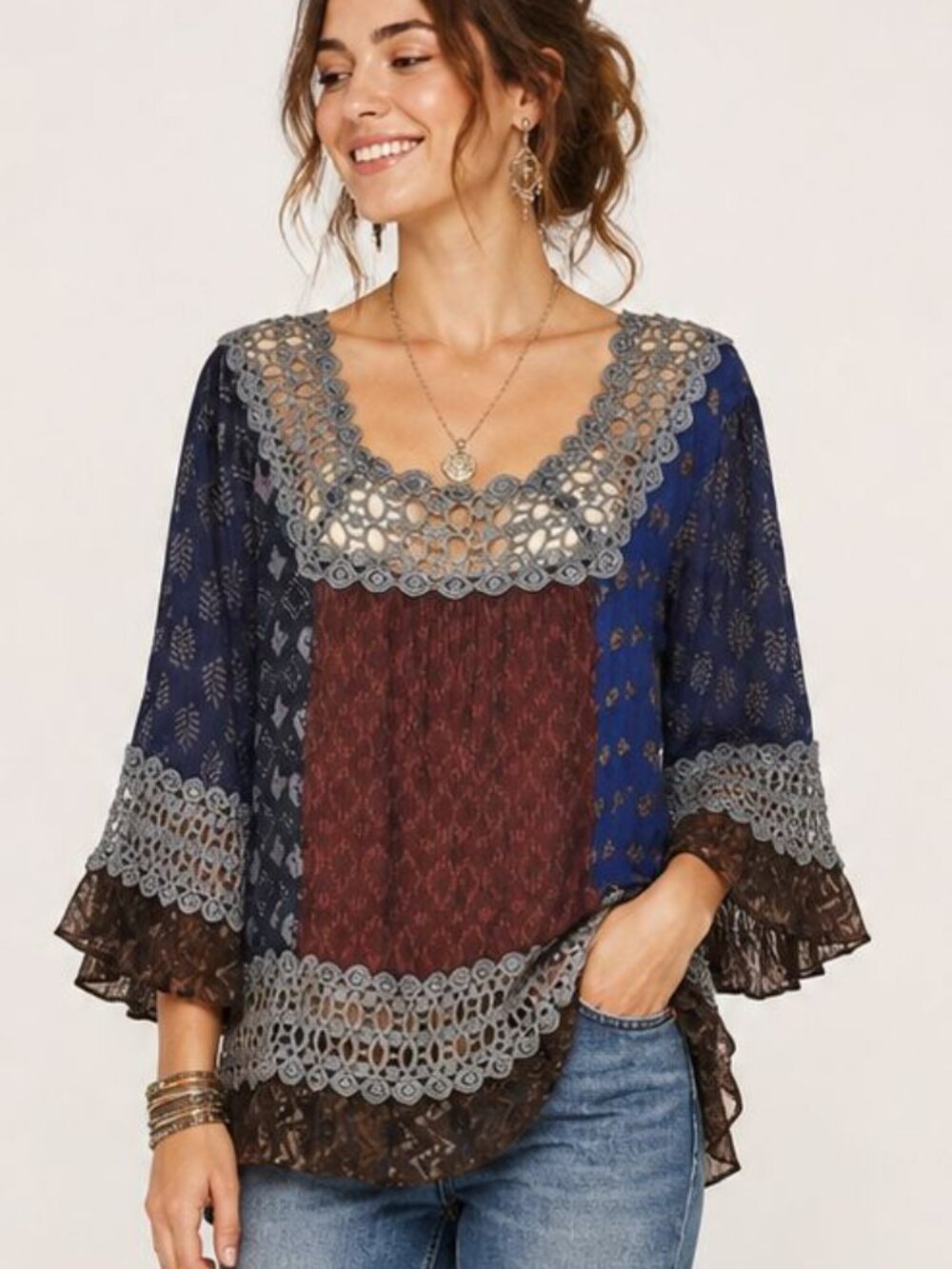New SACRED THREADS S M Ikat Multi-fabric Woven Lace Trim Rayon Boho Tunic Top